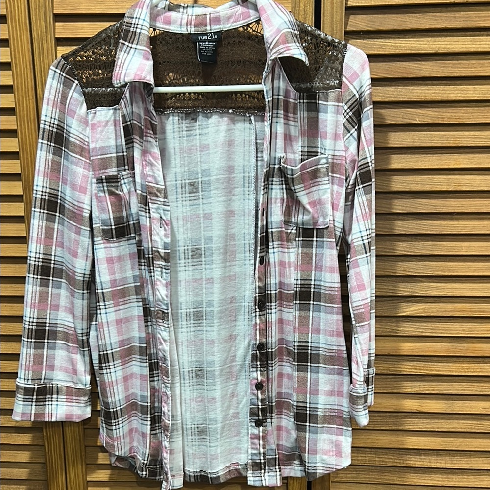 Rue21 Pink and Brown Lace Plaid Shirt